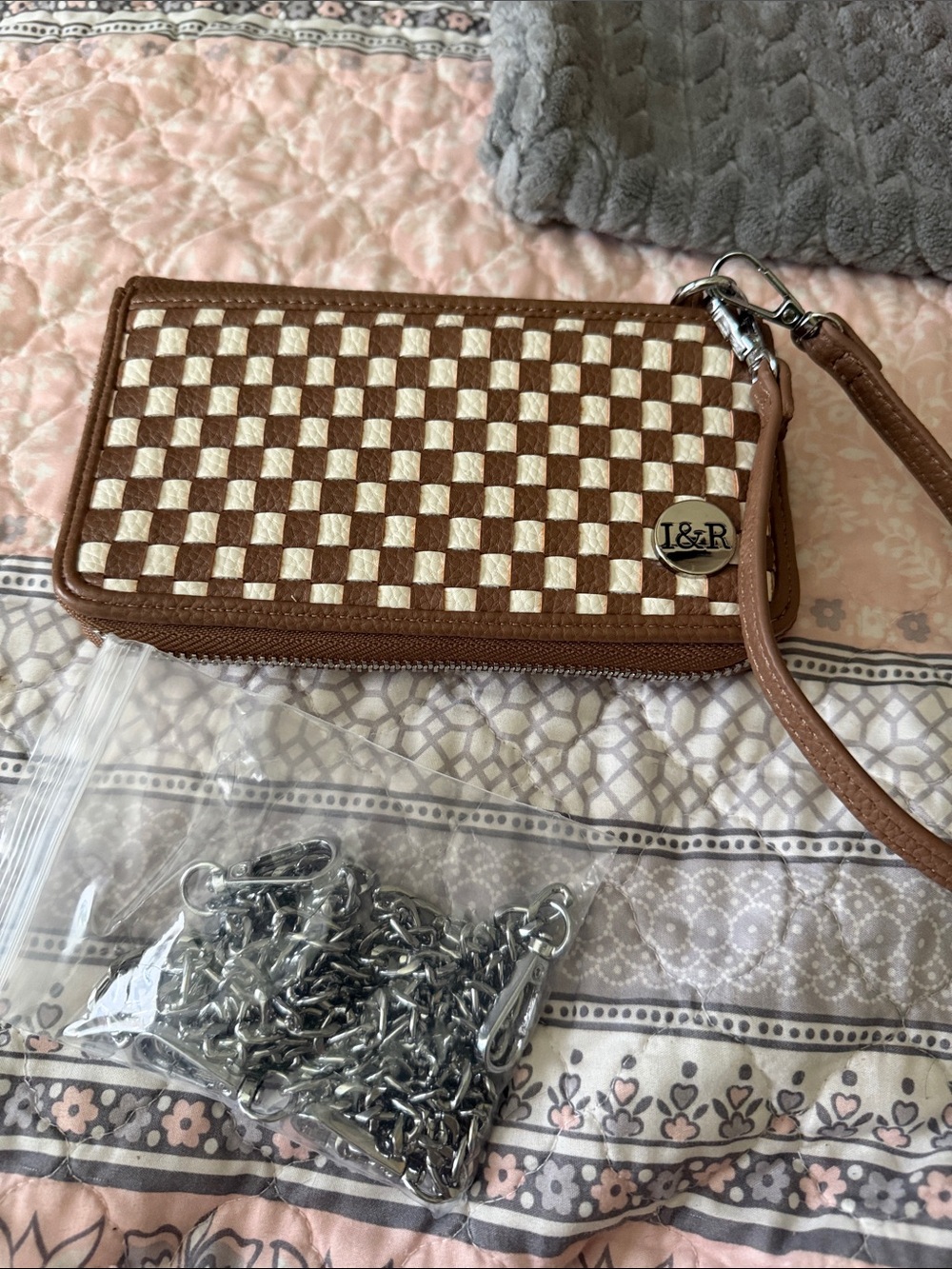 I&R Brown & Cream Checkered Wristlet Clutch